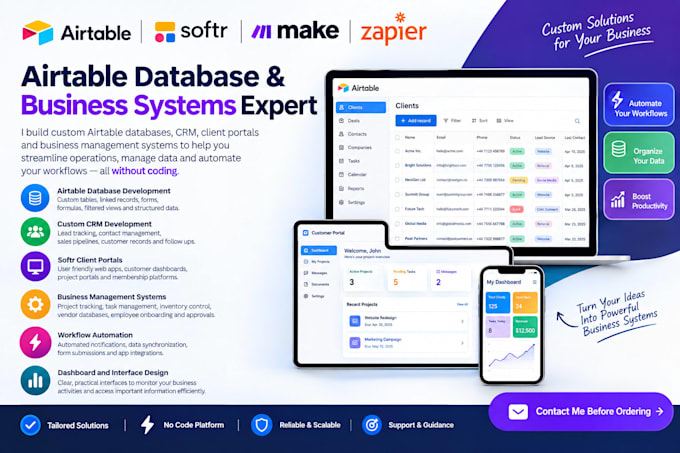 airtable automation database airtable interface make com base44 softr app