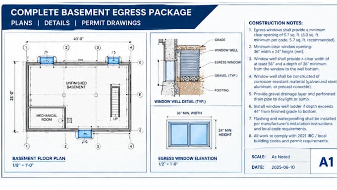 draft basement egress window plans, window well details and permit drawings
