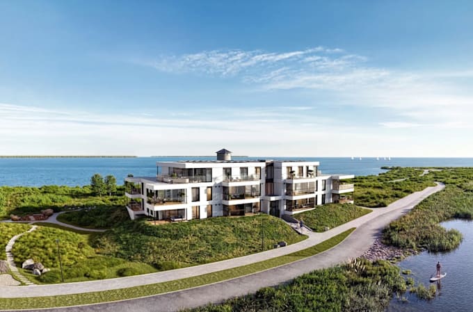redesign seaside residential building, exterior cladding, cgi landscape render