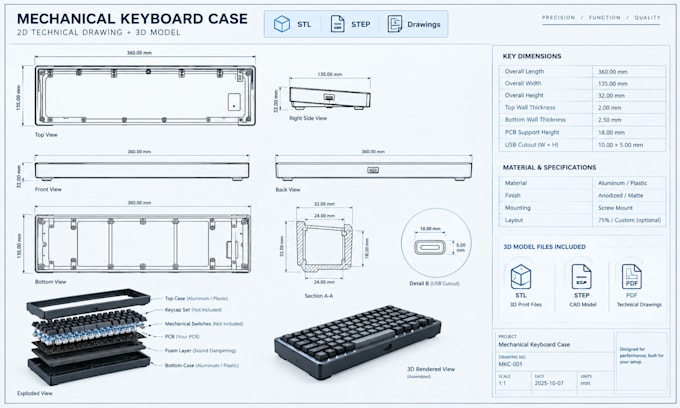 design precise mechanical keyboard cases, pcb enclosures and housing, solidworks