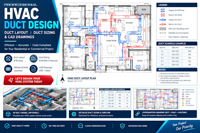 design hvac duct layout and duct sizing in autocad