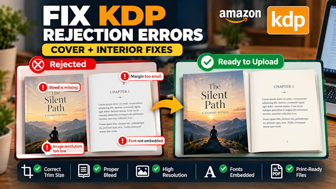 fix amazon KDP rejection errors in book cover and interior