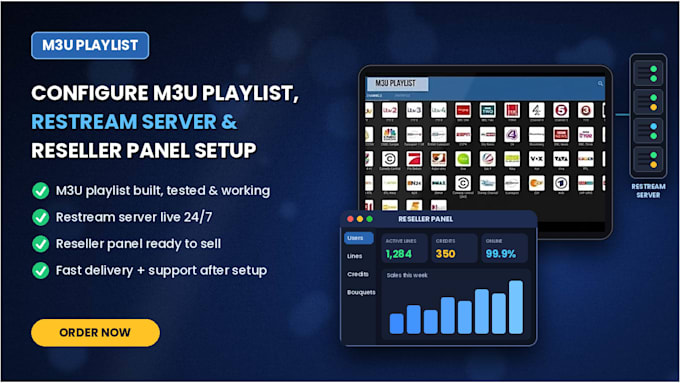 configure m3u playlist, restream server and reseller panel setup