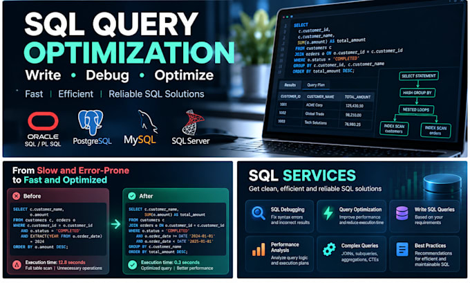 write, fix and optimize sql queries for your database