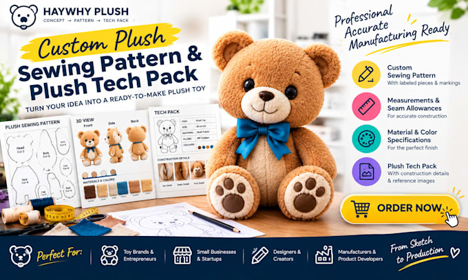create custom plush sewing pattern, plush pattern and plush tech pack