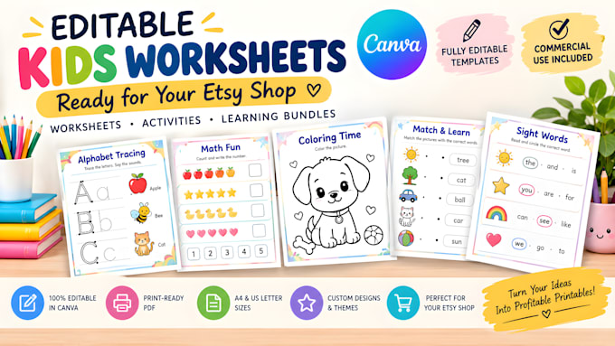 design kids worksheets and editable canva printables
