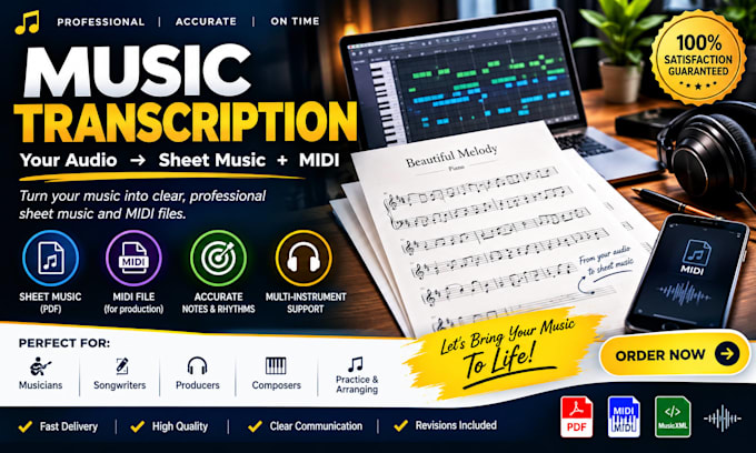 transcribe music into sheet music, notes, and midi