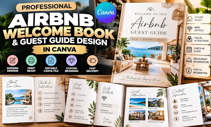 design an editable airbnb welcome book and guest guide in canva