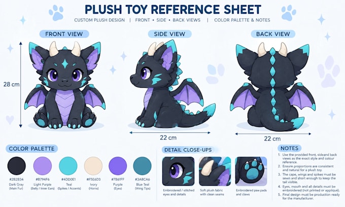 create custom plush reference sheet stuffed animal  tech pack