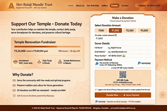 create a wordpress website for hindu temple or trust