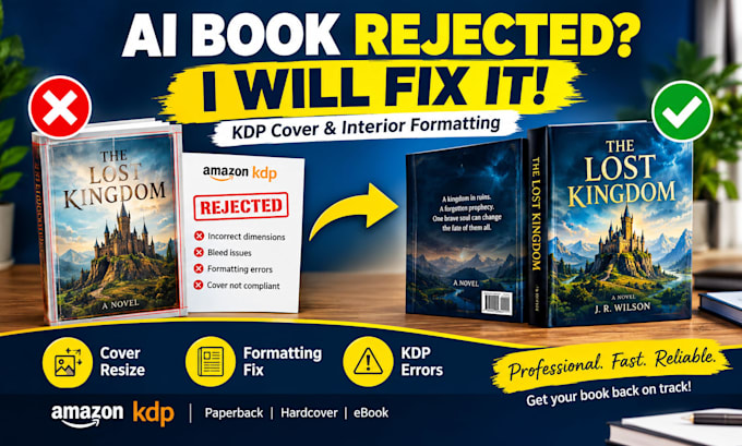 fix rejected ai book cover, journal, and book formatting errors for amazon KDP
