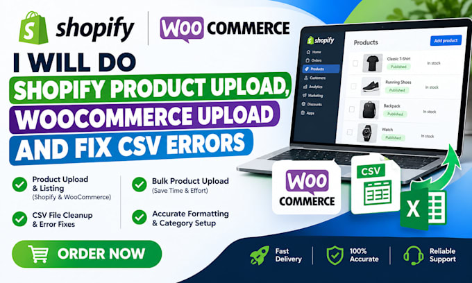 do shopify product upload, woocommerce upload and fix CSV errors
