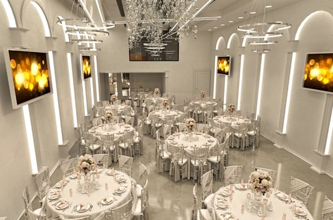 create biophilic interior design, banquet hall visuals, wedding reception render