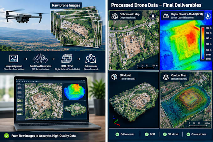 process drone data and create maps, 3d models and contours
