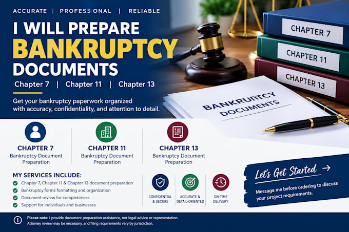 prepare chapter 7 bankruptcy document, chapter 11 and 13 bankruptcy document