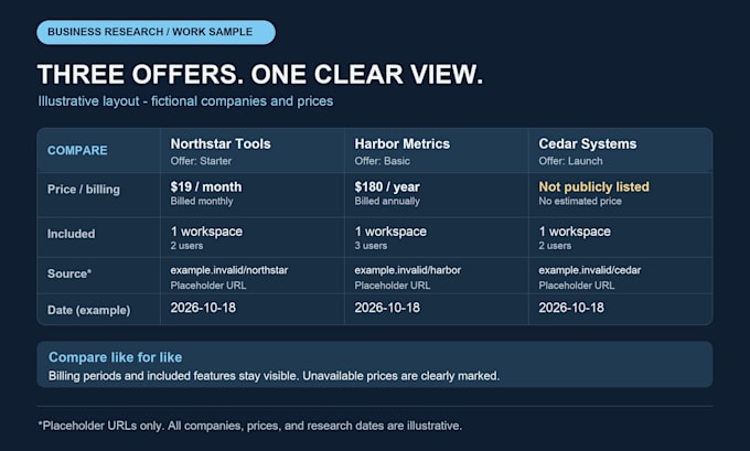 research three competitors and their public prices