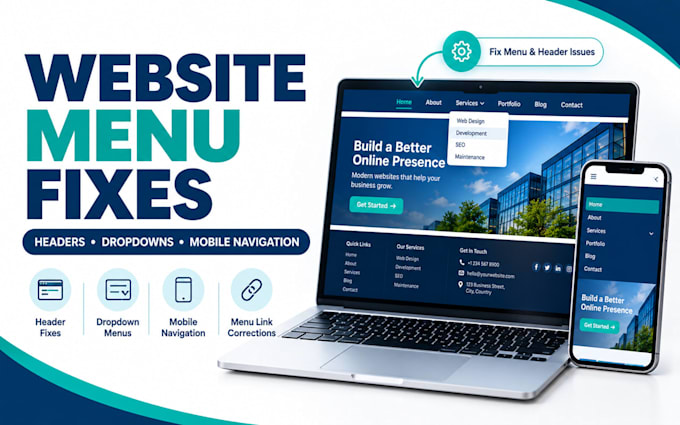 fix website navigation menus, headers, footers and dropdown issues