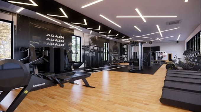 design gym interior, floor plan, equipment layout with 3d renderings