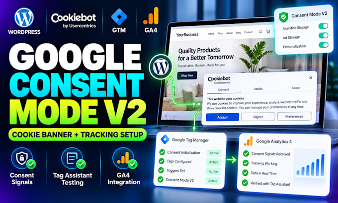 set up wordpress google consent mode v2 with cookiebot GTM ga4