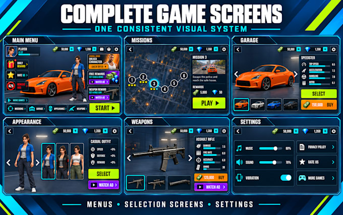 design custom game UI UX menus and hud