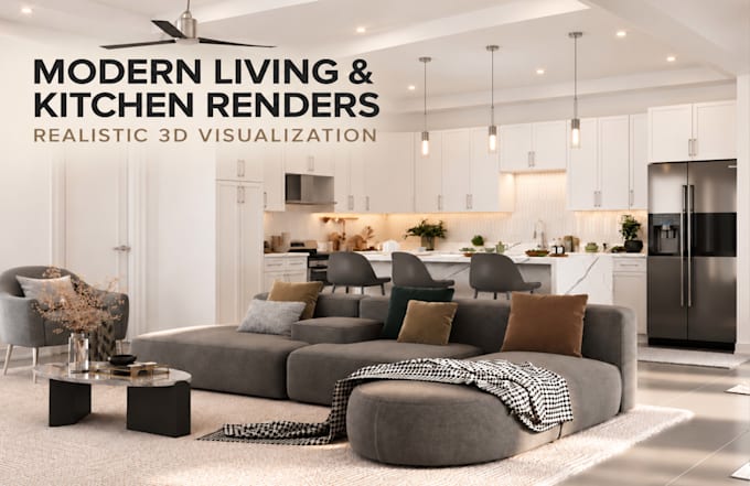 do 3d interior rendering for living and kitchen