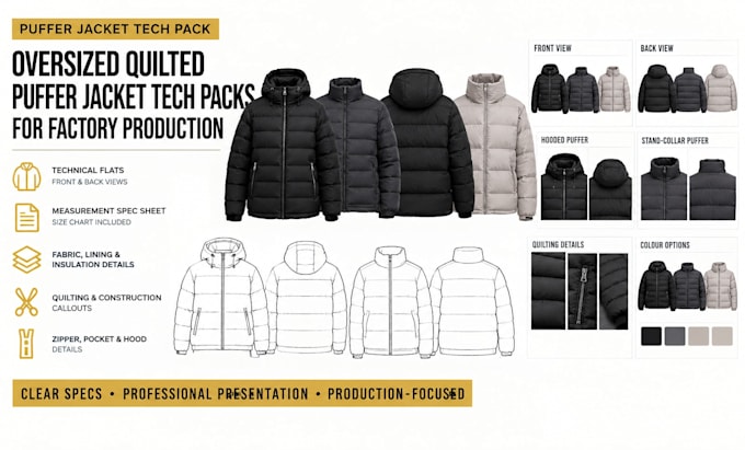 create oversized quilted puffer jacket tech packs for factory production