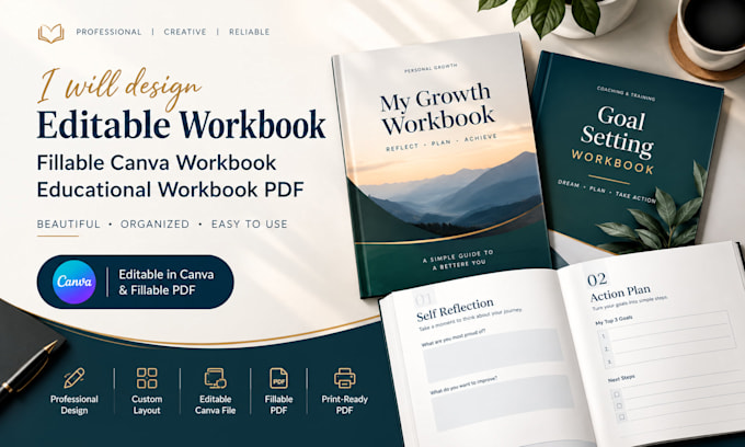 design editable workbook fillable canva workbook, educational workbook pdf coach
