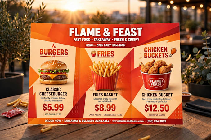 design trifold menu for your cafe, take away, restaurant