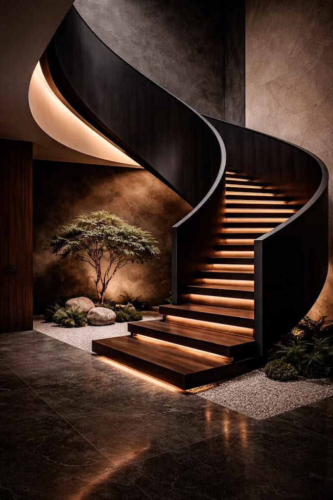 create a realistic 3d staircase design and rendering