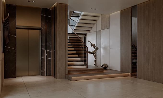 render modern staircase, hallways, floating staircases luxury 3d interior design