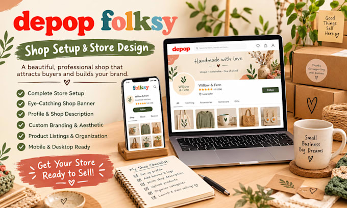 do depop shop setup, folksy SEO, product listing and store optimization