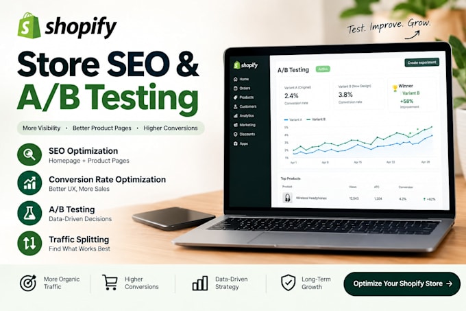 optimize shopify store, product and homepage seo, ab testing, traffic split