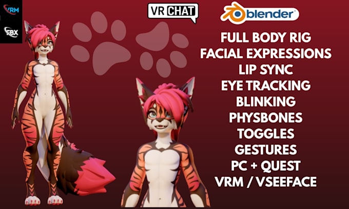 create custom 3d vrchat furry avatar for vrchat, vseeface, vtubing, warudo