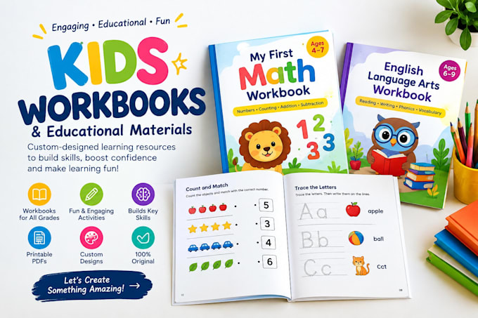 create kids workbook, textbook, design educational workbook, learning materials