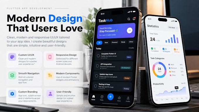 develop a custom flutter mobile app with modern UI