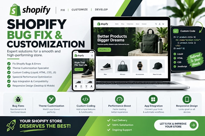 fix shopify bugs, shopify theme customization custom coding fix shopify issues