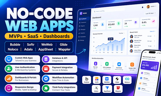 develop bubble softr weweb glide noloco adalo appsheet wappler sap apps website