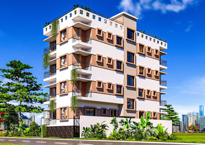 turn elevation drawing to realistic exterior render,3d apartment building design