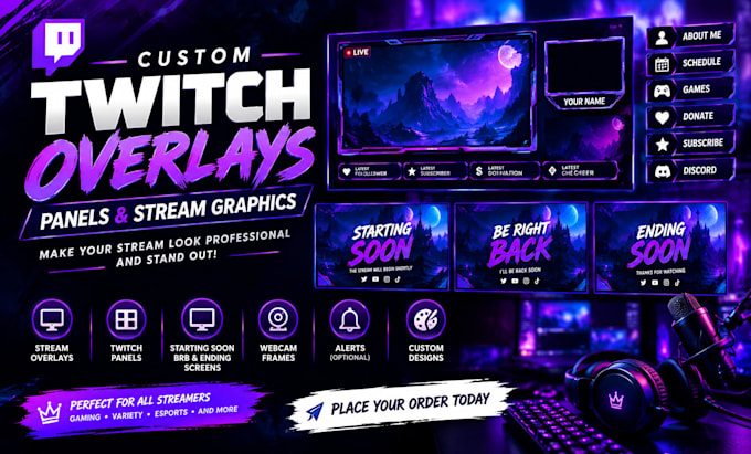 design professional twitch overlays, panels, and stream graphics