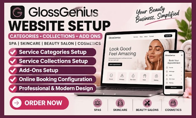 setup glossgenius website create categories collection add ons gloss genius spa