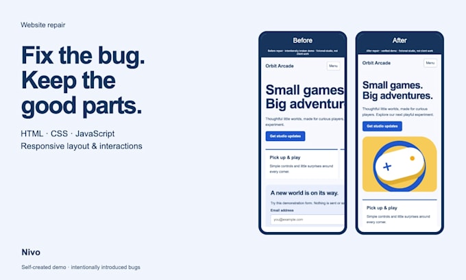 fix HTML CSS javascript bugs and responsive website issues