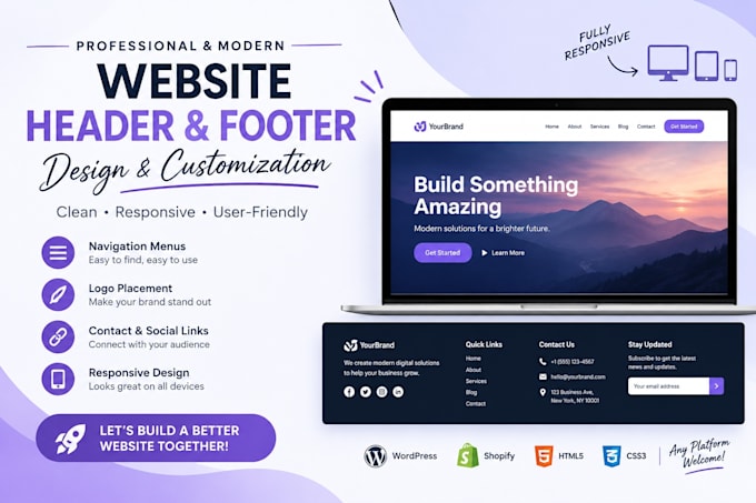 design or customize a clean, responsive website header and footer