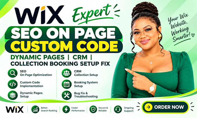do wix SEO on page custom code dynamic pages CRM collection booking setup fix