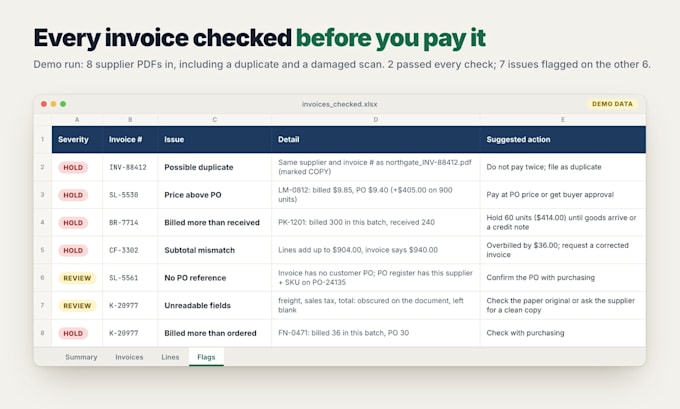 extract invoice and PDF data into a checked excel file