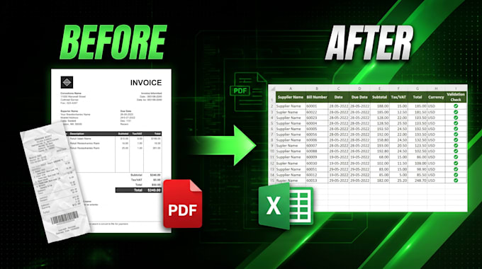 extract invoice data from PDF to excel with validation