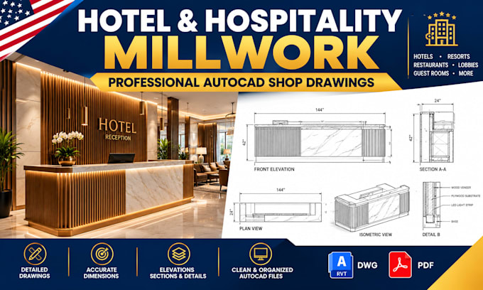 draft hotel and hospitality millwork shop drawings in autocad