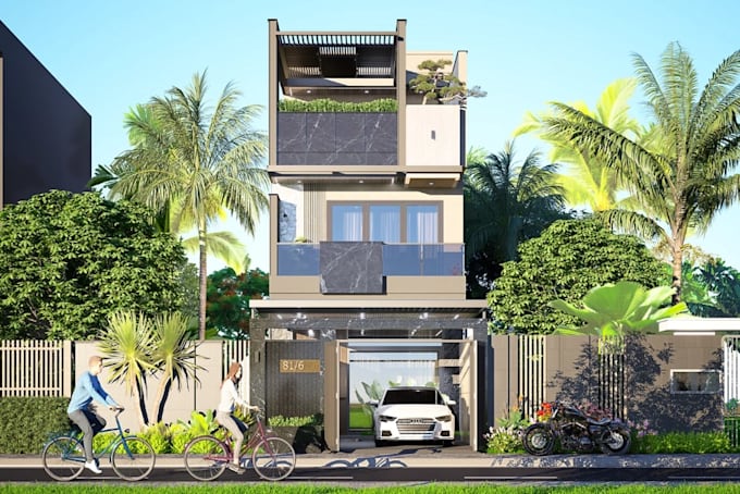revamp 3d modern townhouse elevation design, rooftop pergola, balcony rendering