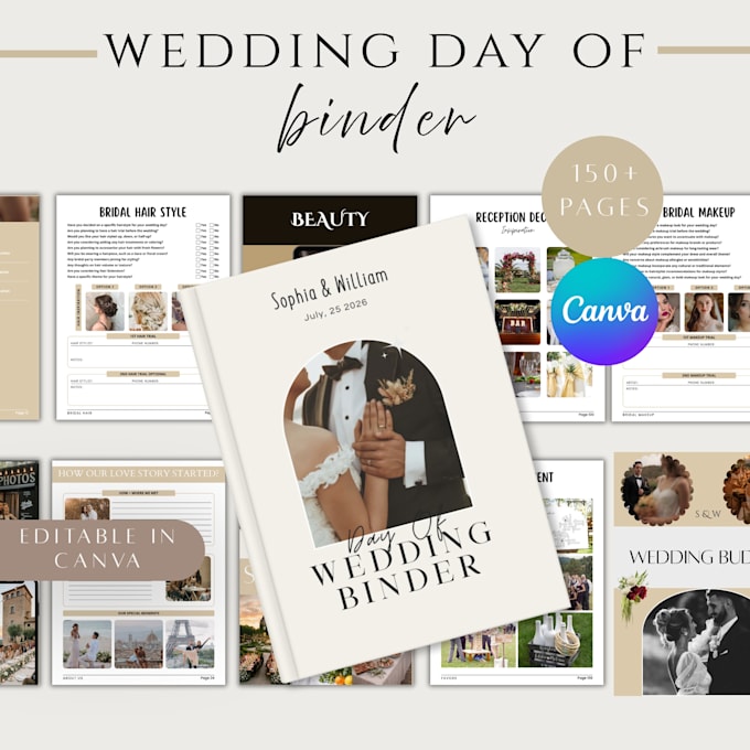create a wedding planner, wedding day binder in canva