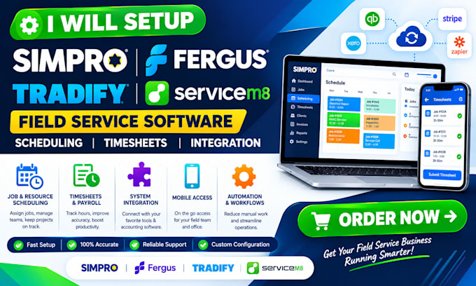 simpro fergus tradify servicem8 field service scheduling timesheets integration