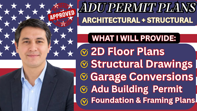 draft adu permit plans, floor p, structural drawings garage conversions ca tx fl
